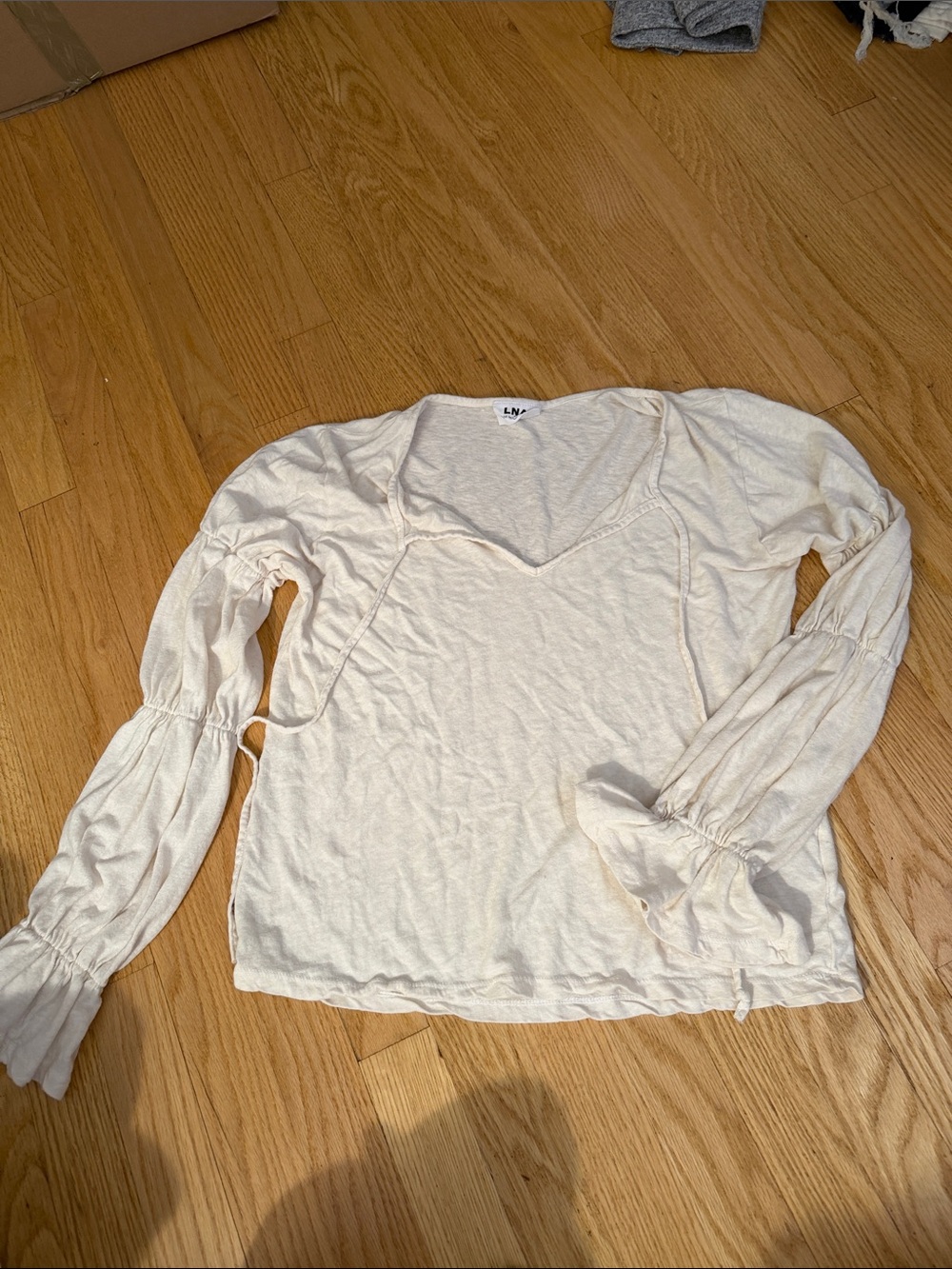 LNA Cream Long-Sleeve V-Neck Puff Sleeve Top